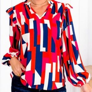 GeeGee NWOT Abstract Geometric V Neck Long Bell Sleeve Ruffle Detail Boutique